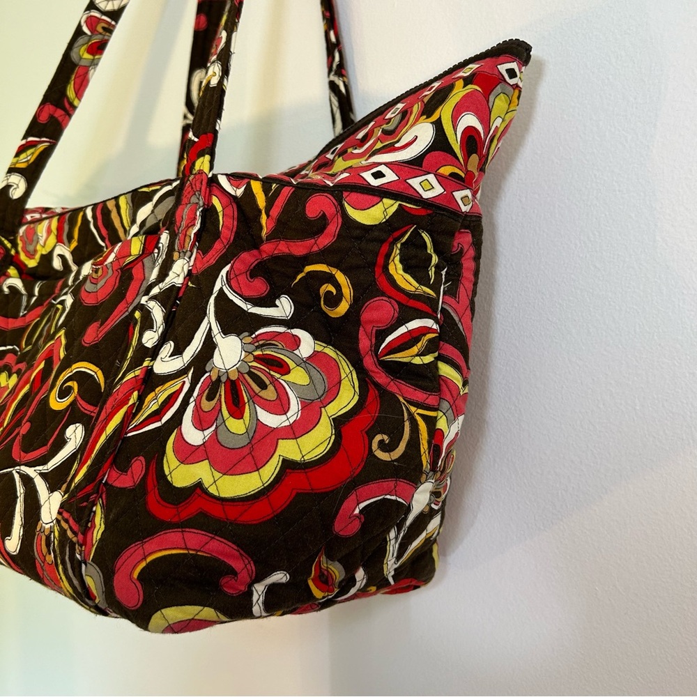 Vera Bradley Puccini Tote Bag Purse Brown Yellow Pink White Pockets Large - Picture 5 of 12